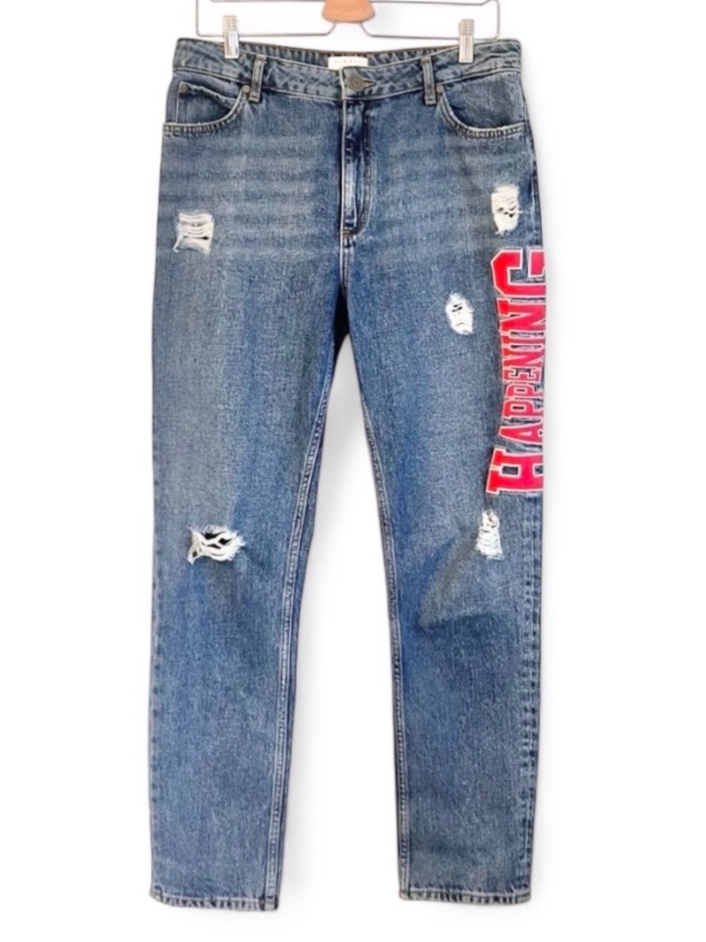 SANDRO Paris Embroidered Logo High  Distressed Blue Mom Jeans 10 - Picture 3 of 7